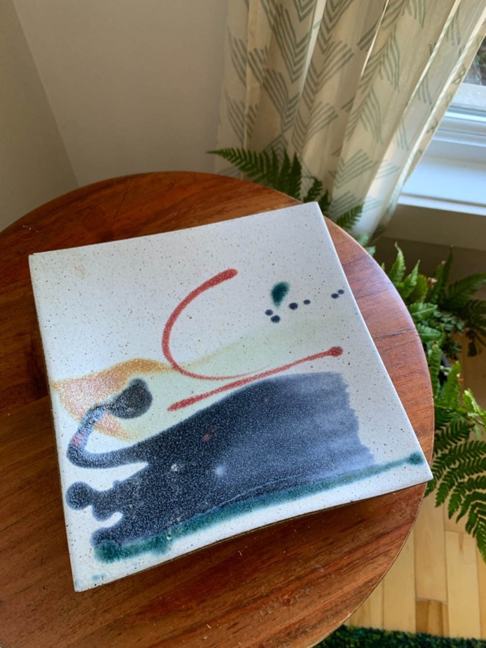 Abstract Ceramic Plate in White with Multicolor Accents